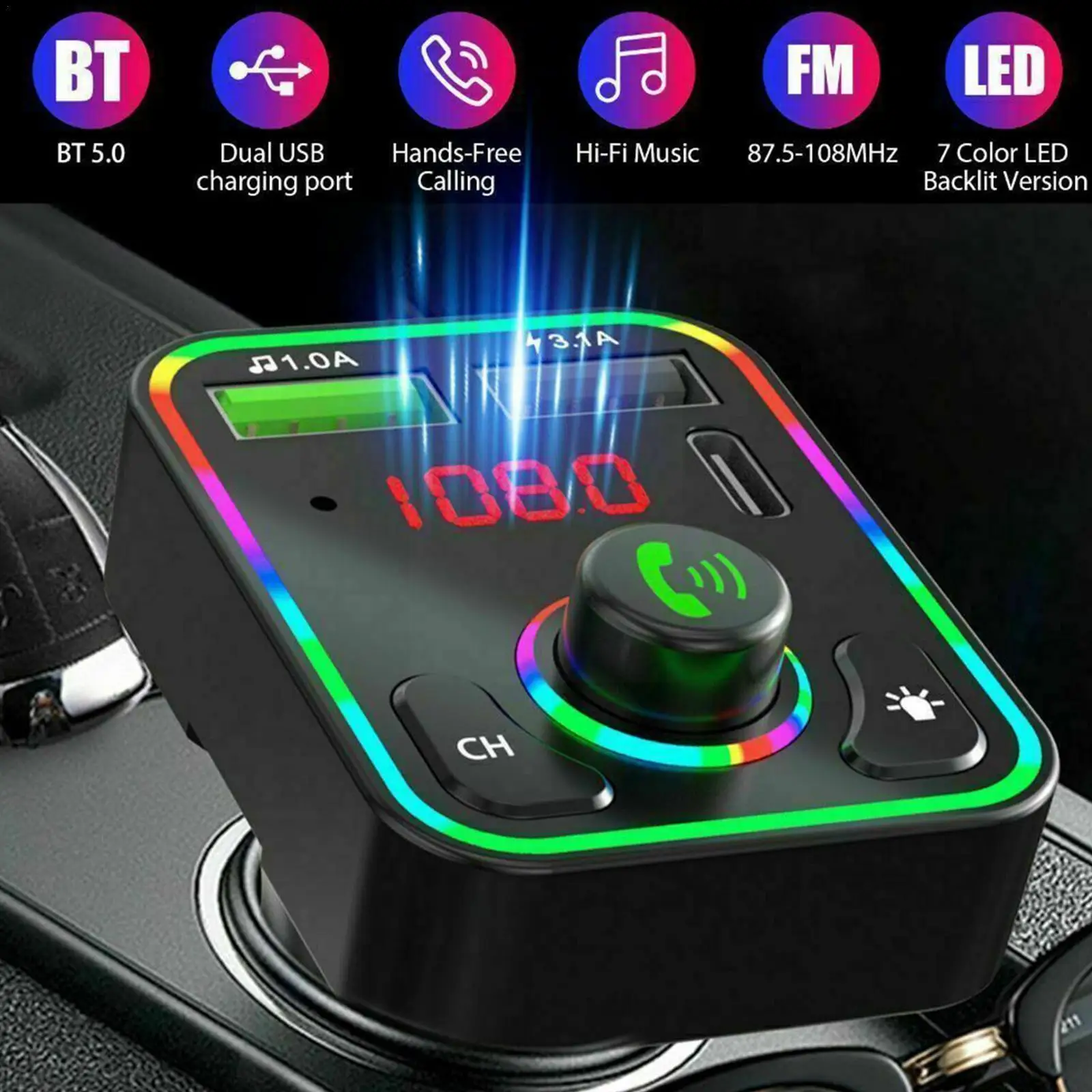 

Fm-трансмиттер автомобильный со светодиодной подсветкой и поддержкой Bluetooth 5,0