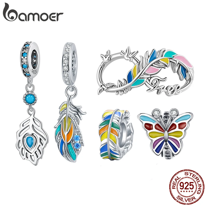 Bamoer 925 Sterling Silver Peacock Feather Pendant fit for Women Original Bracelet & Bangle Colored Feather Charms Fine Jewelry