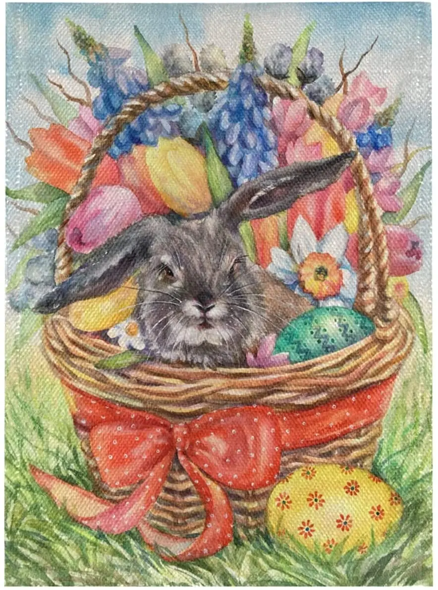 

Gray Rabbit Easter Bunny Yellow Eggs Green Tulips Burlap Garden Flag Double Sided,House Yard Flags,Holiday Seasonal Outdoor Deco