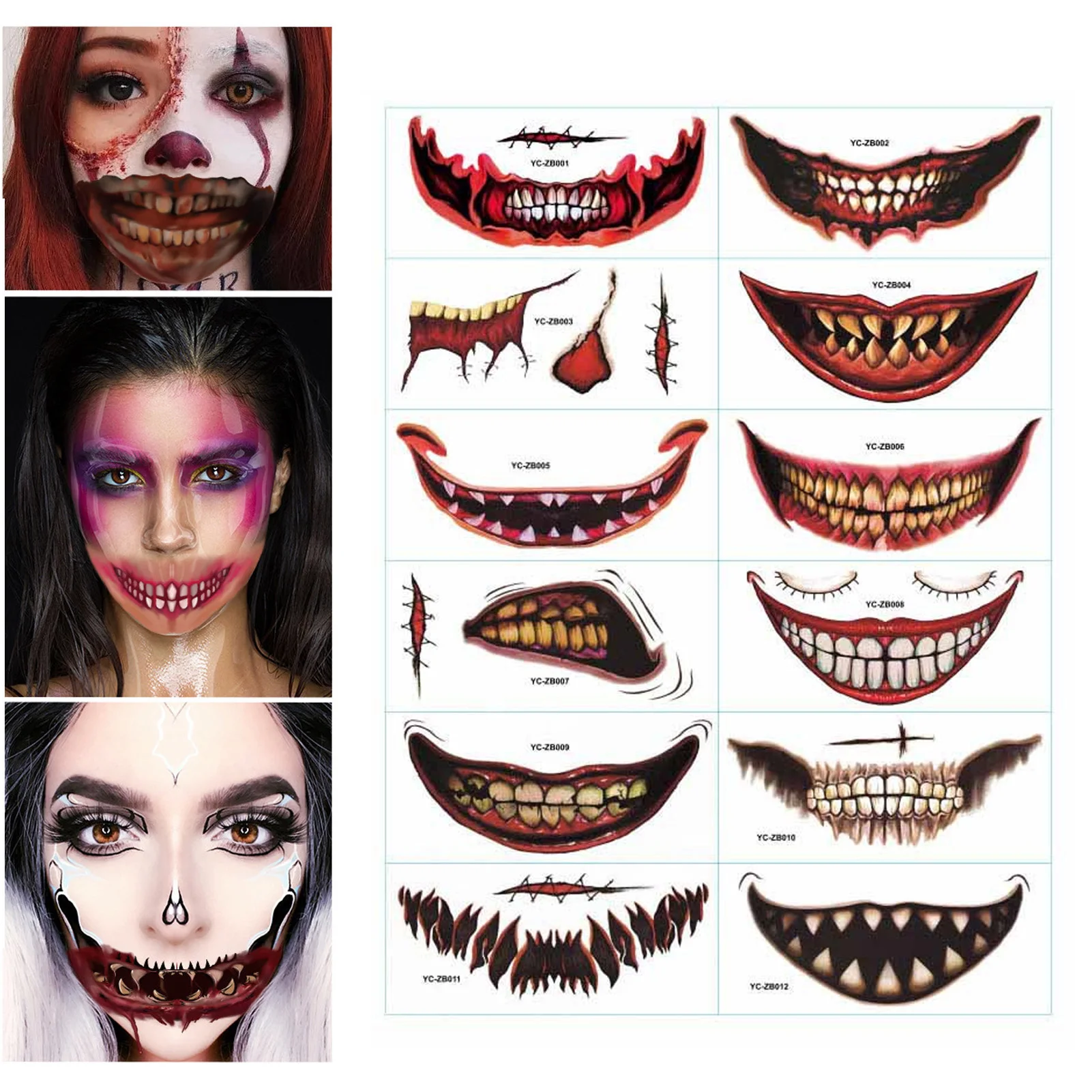 

12 Sheets Halloween Horror Mouth Tattoo Sticker Scars Bloody Waterproof Temporary Face Mouth Makeup Tattoos Sticker for Party
