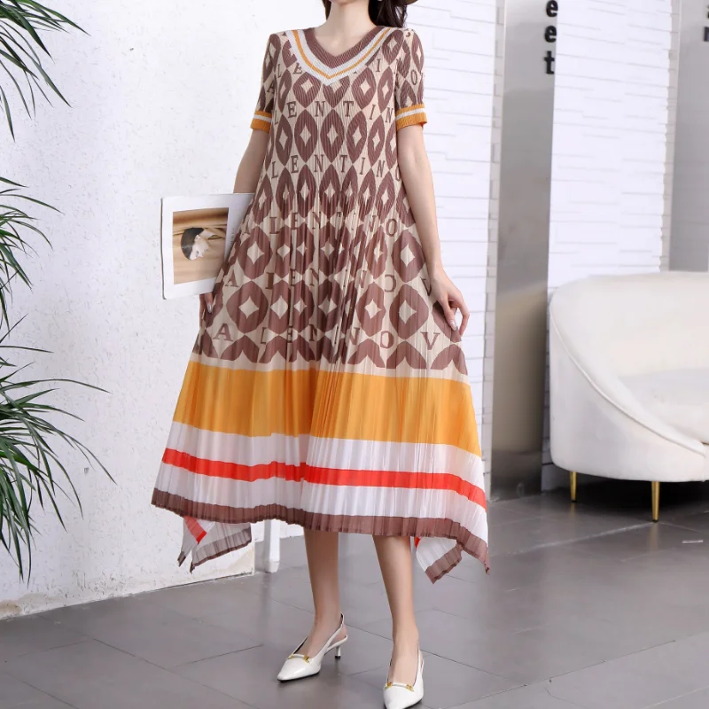 

2023 Summer New Miyake Pleated Loose Temperament Common-working Slim Print Womens Dress Casual Loose Elegant Women Clothing