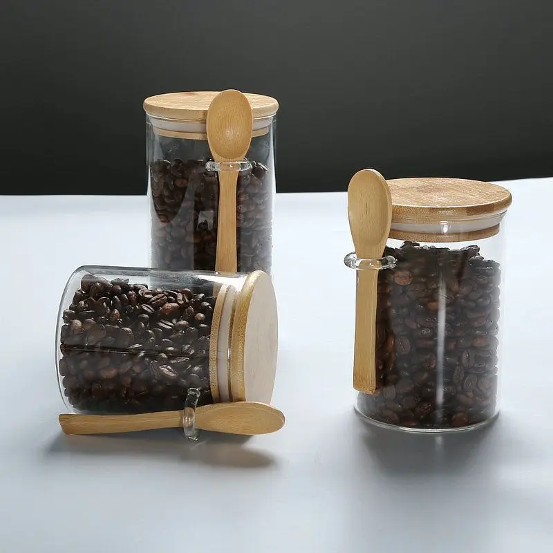 

Прозрачные стеклянные контейнеры для хранения с искусственной кожей и деревянной ложкой