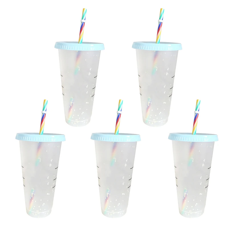 

1/5PCS Straw Cup With Logo And Scale Reusable Colour Cup Magical Plastic Cold Water Color Changing Cup Tumbler Discoloration