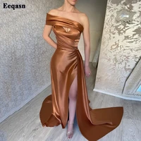 eeqasn brown mermaid satin evening dresses one shoulder formal women prom gowns high slit prom dress pleats wedding party gowns