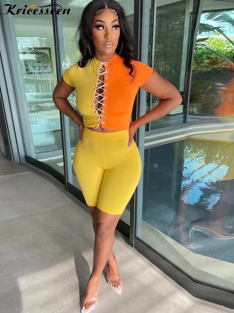 

Kricesseen Sexy Bandage Sportwear Shorts Set New Women Short Sleeve Lace Up Crop Top And Shorts Suit Matching Set Outfits