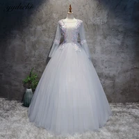 elegant blue ball gown o neck tulle appliques illusion long sleeves evening dresses princess quinceanera party prom gowns 2022