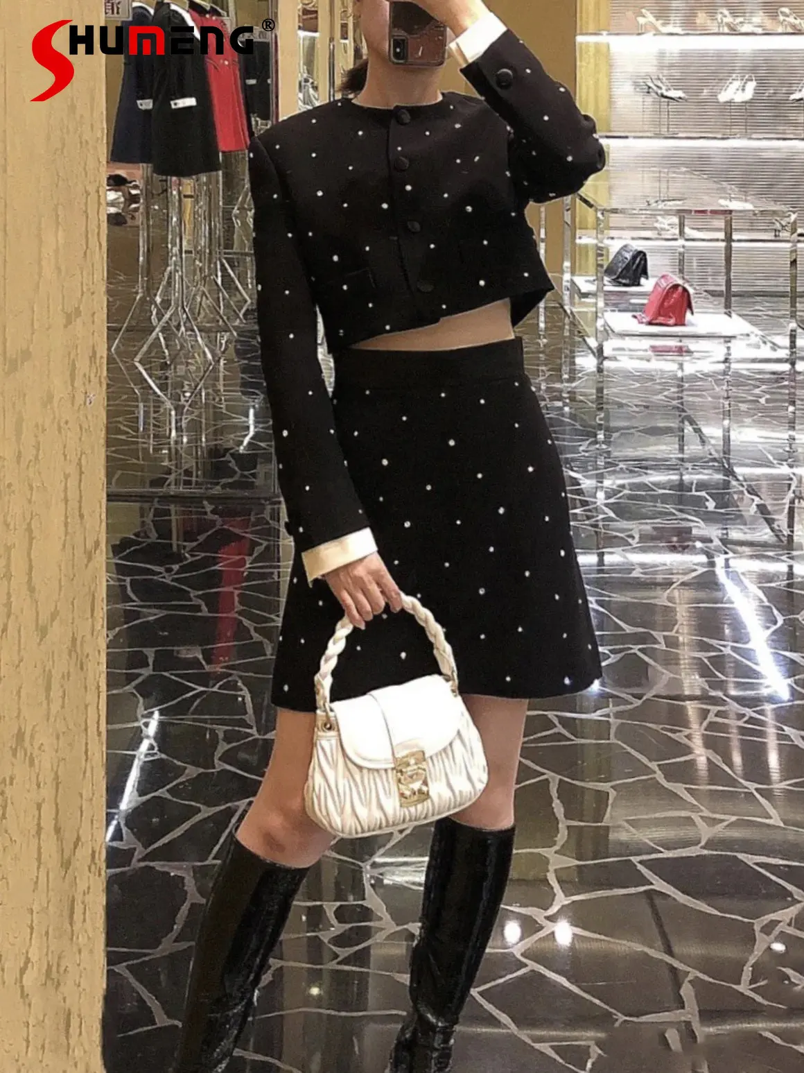 

New women's 2023 spring fashion elegant long sleeve short Suit coat ladies trendy Diamond above knee skirt French Two-Piece Set