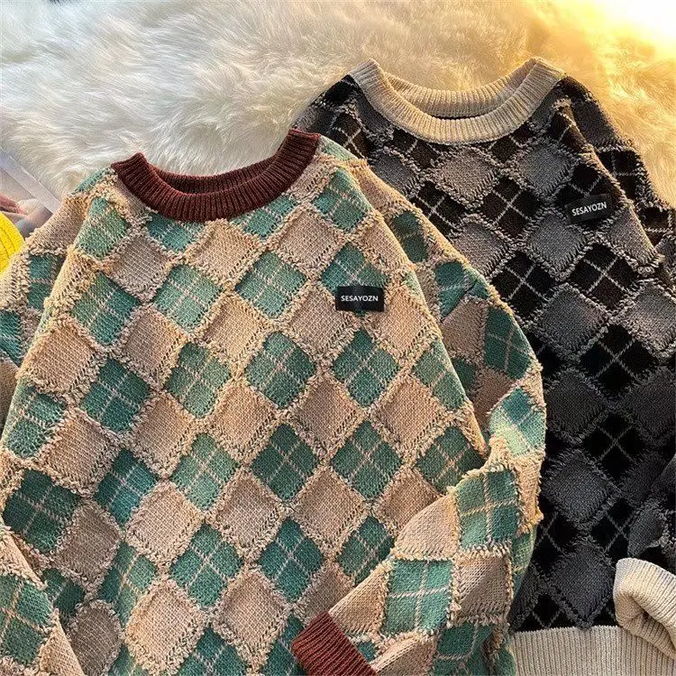 

ZCSMLL осенне-зимний новый жаккардовый свитер для влюбленных контрастных цветов для ленивых мужчин и женщин ретро вязаный свитер Свободный То...