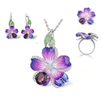 fashion purple butterfly enamel jewellery set for women trendy female necklace earrings ring sets wedding party accessories