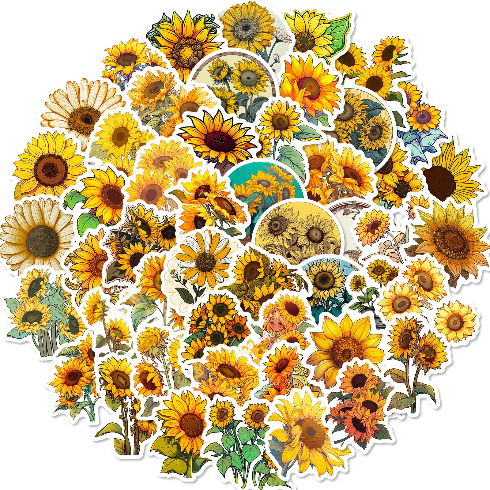 

50pcs Sunflower Children's Stationery Box Decoration Pastoral Style Creative Beautification Luggage Guitar Waterproof Sticker