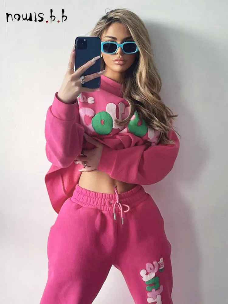 

NOWISBB Lolita Tracksuit Two Piece Sets Womens Outifits Autumn Knitted Letter Printed Loose Hoodies Sweatshirts + Female Pants