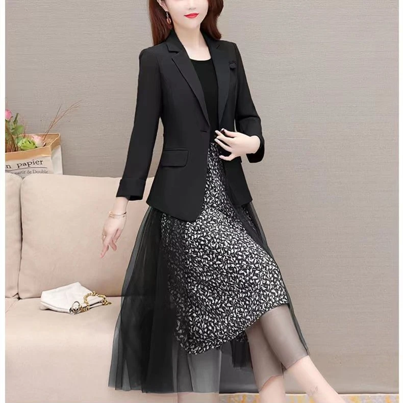 Spring Autumn Suit Jacket Dress Two Piece Women Elegant Mesh Skirt Blazers Coat Set Korean Fashion Professional Wear To Work