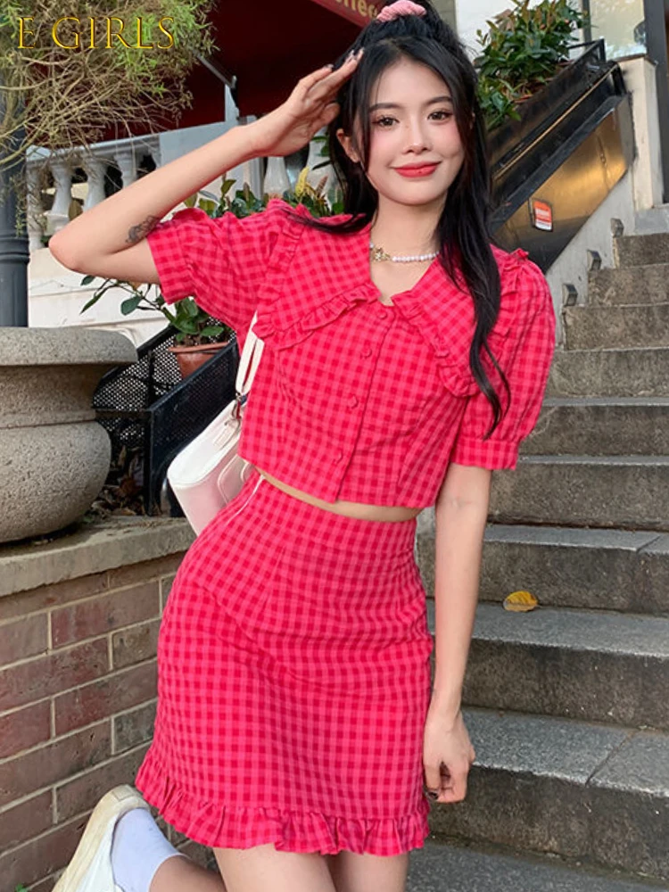 E GIRLS Summer Pearls Plaid Sweet Two Piece Set Women Korean Fashion Puff Sleeve Kawaii Mini Skirt Set Slim Chic Party Suit 2022