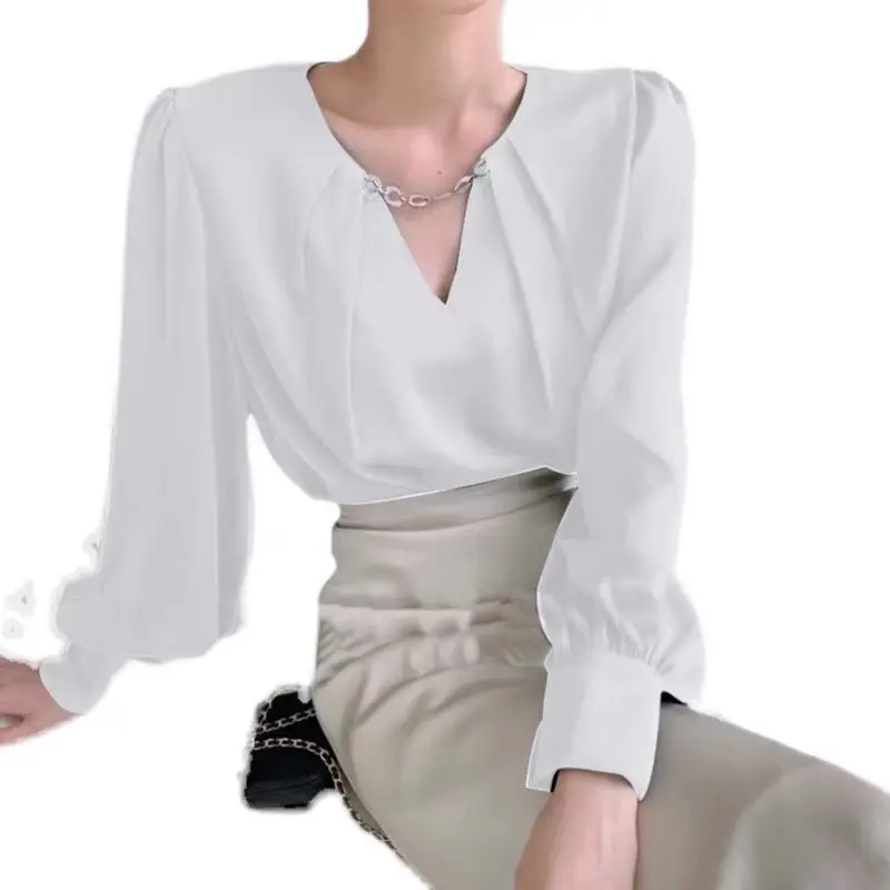 Корейская шифоновая женская блузка с V-образным вырезом и цепочкой Простая