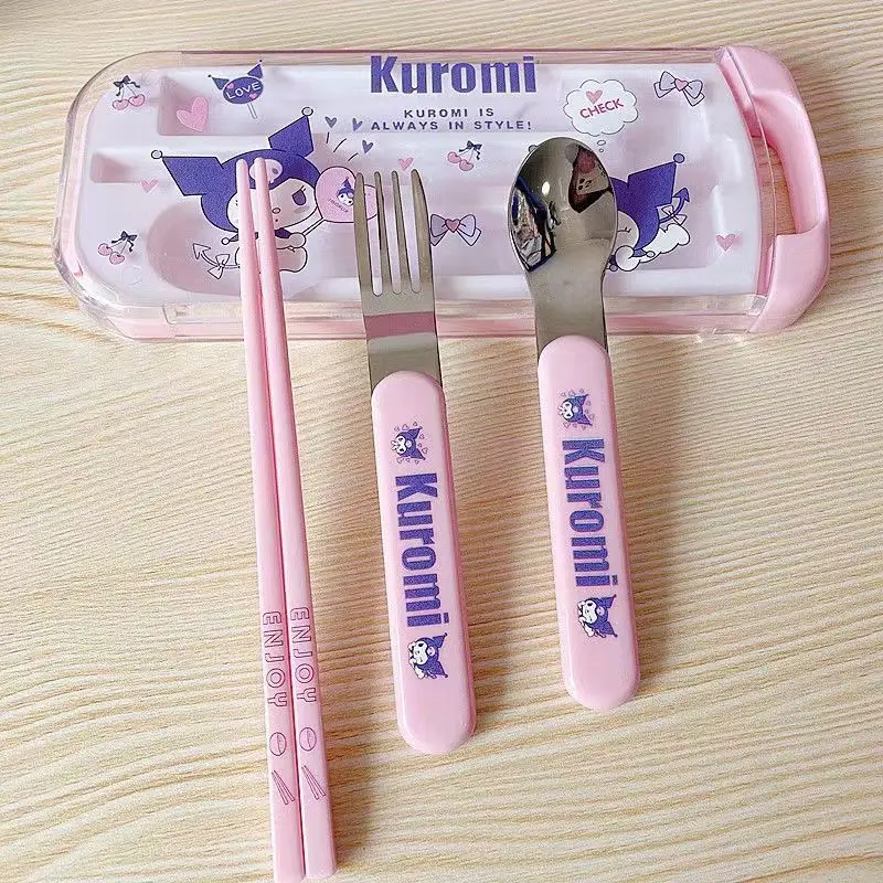 

Cinnamoroll Kuromi Sanrio Kawaii Anime Fork Chopsticks Spoon Set My Melody Cute Three Piece Tableware Portable Toys for Kids