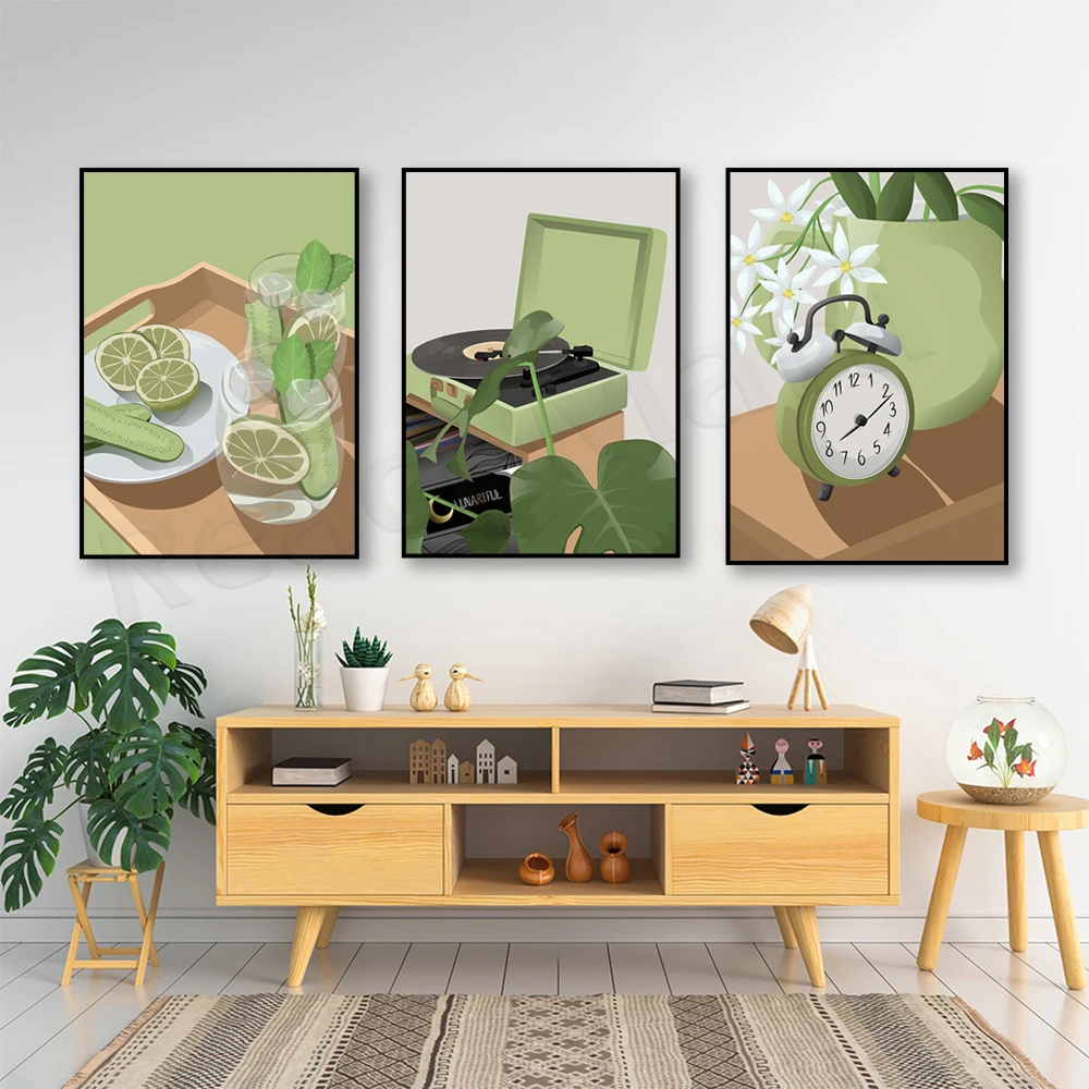 Illustration, Nice Picnic Poster, Aesthetic Mint, Portable Suitcase Record Player, Colorful Decor
