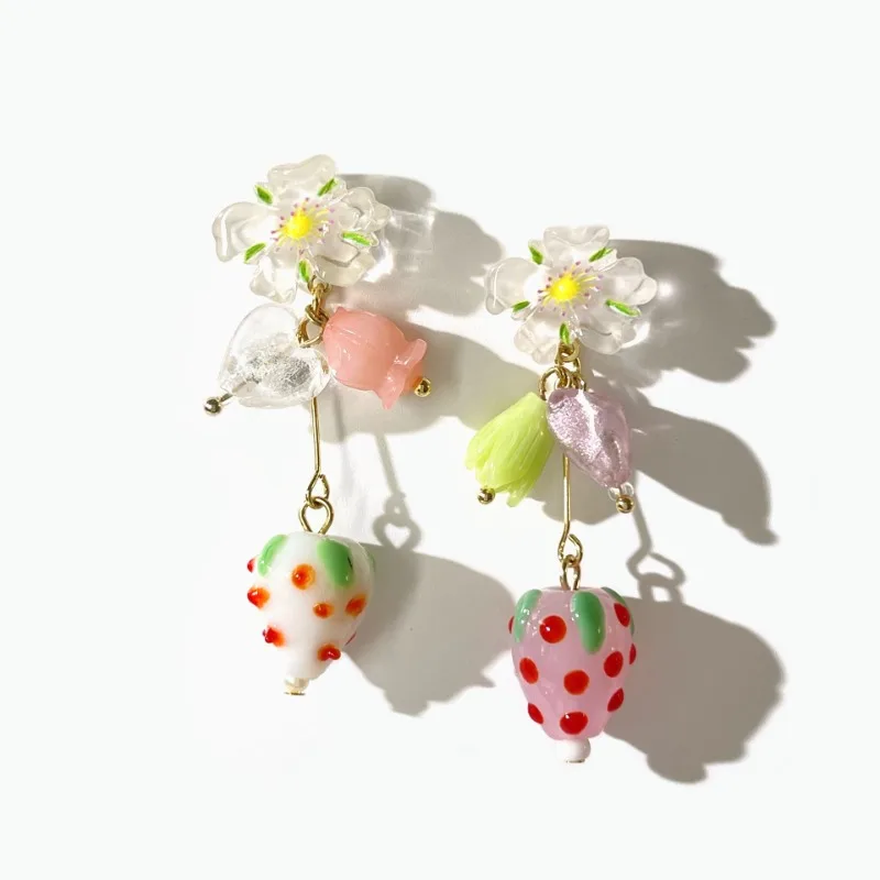 

Minar Cute 14K Real Gold Plated Brass Pink Color Resin Glass Acrylic Strawberry Flower Heart Long Dangle Earrings for Women