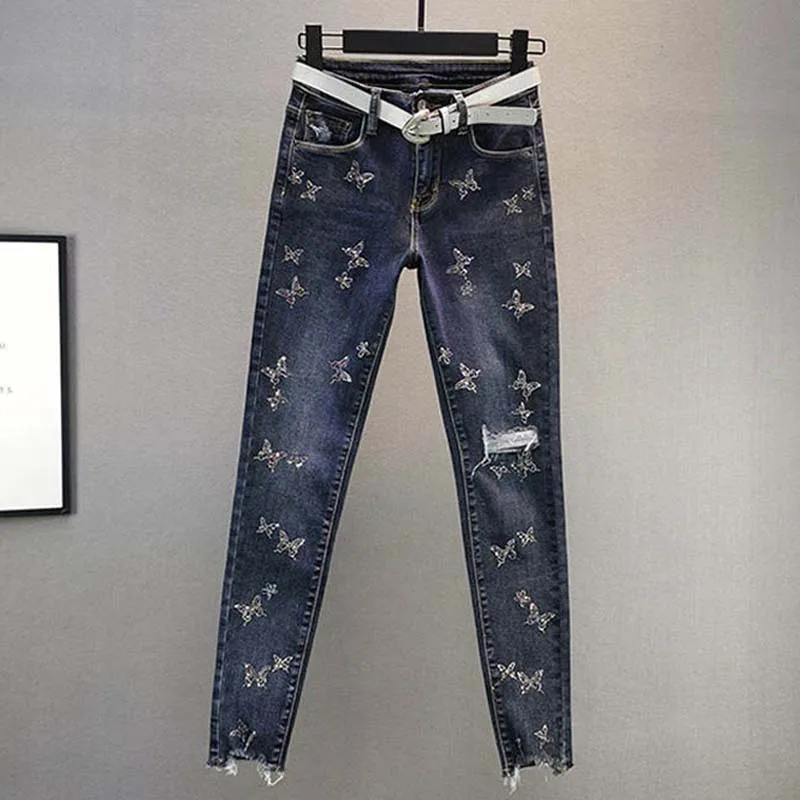 

European and American New Jeans for Women Hot Diamond Drill Butterfly Pattern High Grade Denim Pencil Pants Girls Trouser SY2349