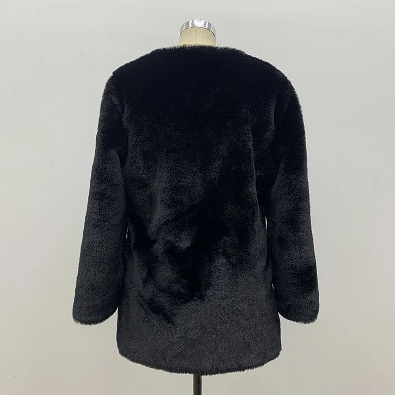 New Imitation Fur Women's Jacket Pure Color Temperament Long-sleeved Korean Warm Casual Round Neck Coat 2022 Autumn and Winter