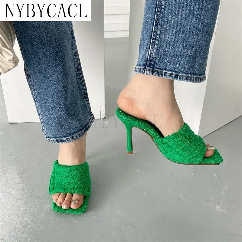 

2022 New Women Slipper Thin High Heel Square Toe Ladies Mules Shoe Casual Outdoor Slides Fashion Summer Sandals zapatillas mujer