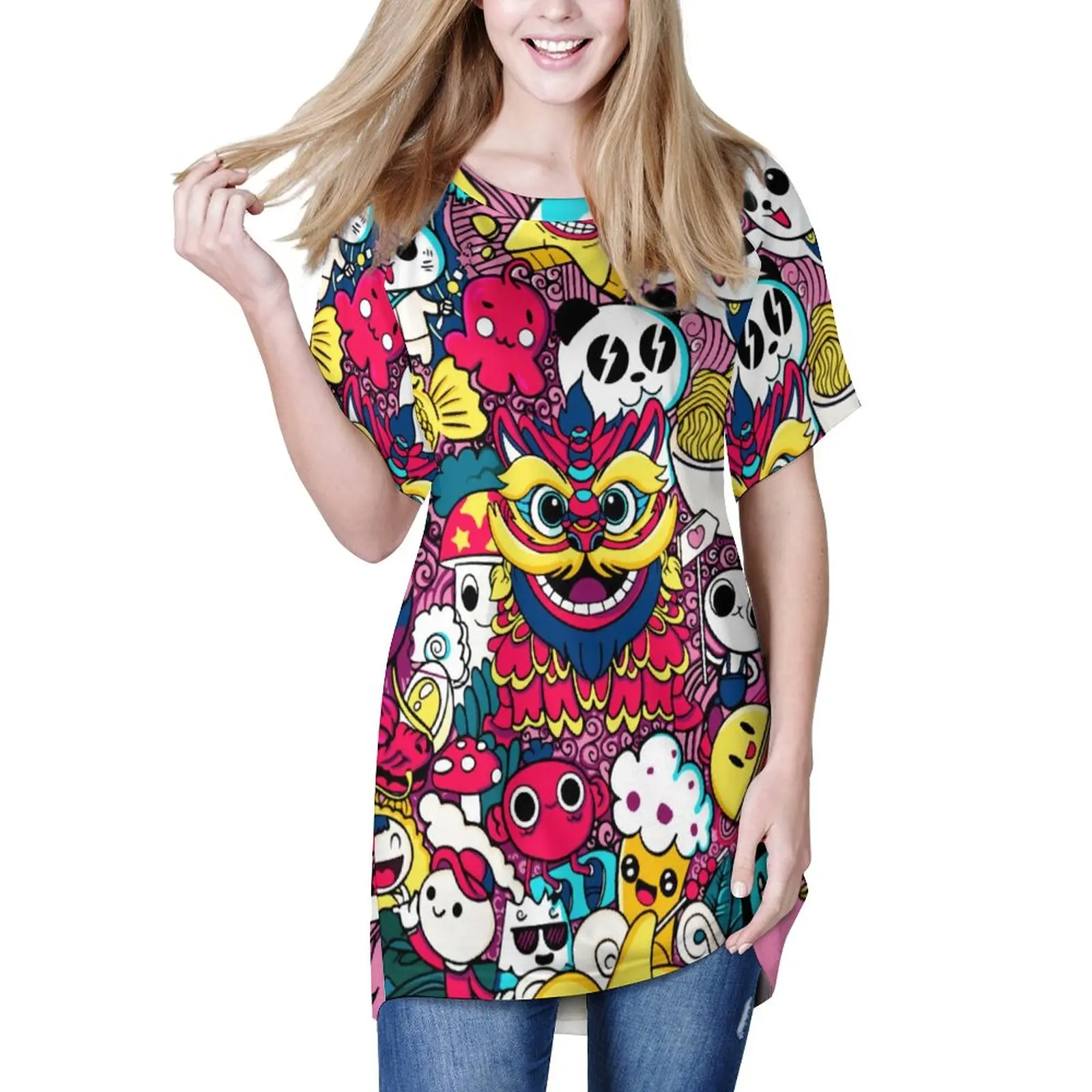 

Japanese Anime T-Shirt Doodle Art Print Pretty Loose T Shirts Short Sleeves Casual Tshirt Female Beach Pattern Oversize Tops