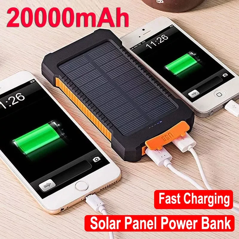 

NEW2023 20000mah Solar Panel Power Bank Fast Charging External Battery Outdoor Waterproof Charger Flashlight for iPhone