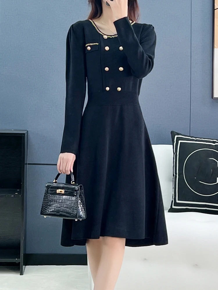 

High Quality Round Neck Knitting Skirt Medium Long Slim Long Sleeve Dress 2022 Autumn New Korean Fashion Women'S Clothing