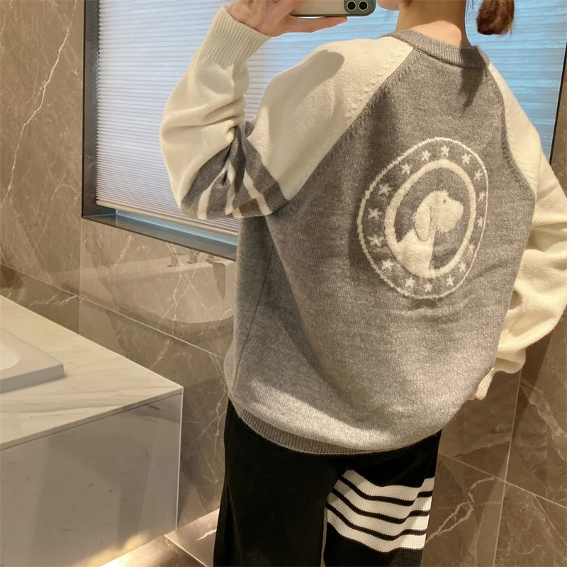 

College TB Circle Badge Puppy Grey Sweater Womens Color Matching Wool Knitted Pullover Thickened Bottom Inside