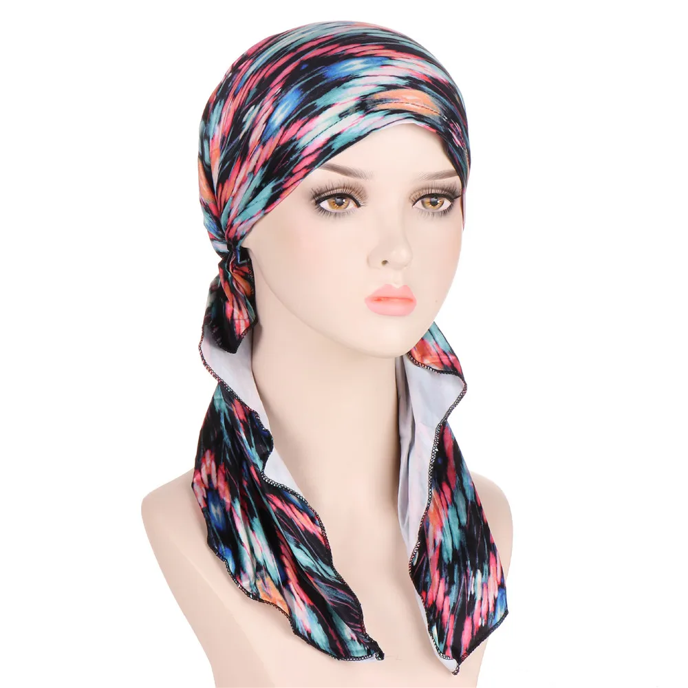 

Muslim Pre-Tied Style Turban Hat Hijab Headscarf Ladies Floral Print Bandanas Soft Headwear Hair Loss Cancer Chemo Cap Turbante