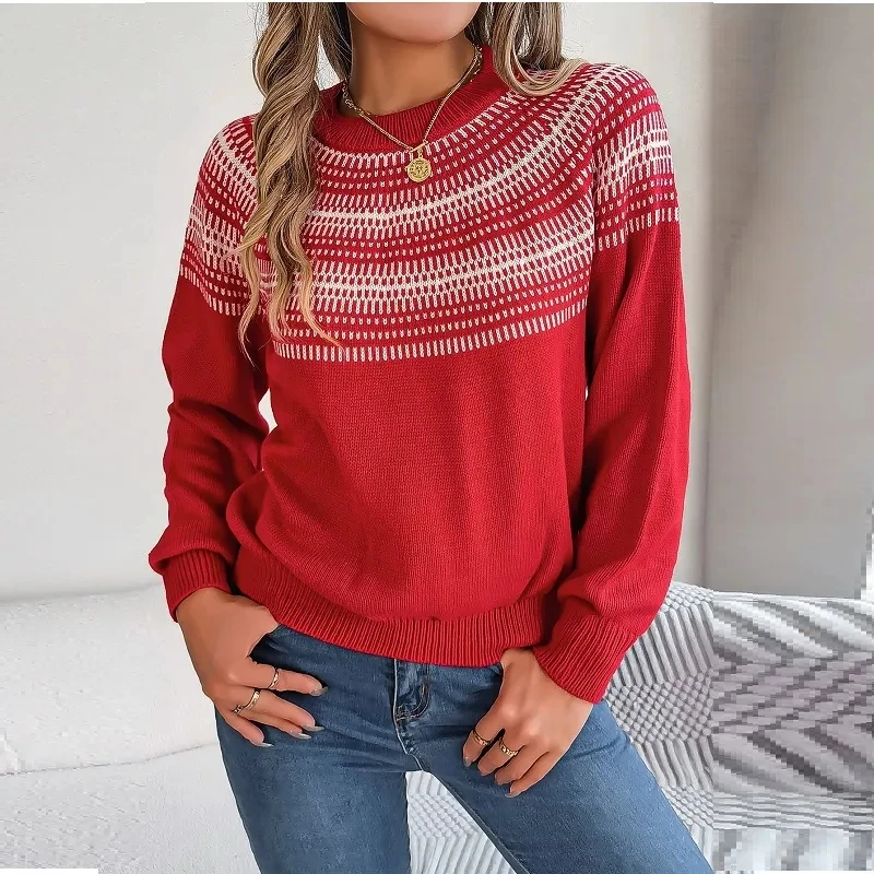 

Повседневный Свободный вязаный свитер, пуловер для осени/зимы, женские пуловеры с круглым вырезом, винтажные свитера с контрастными полосками и длинным рукавом
