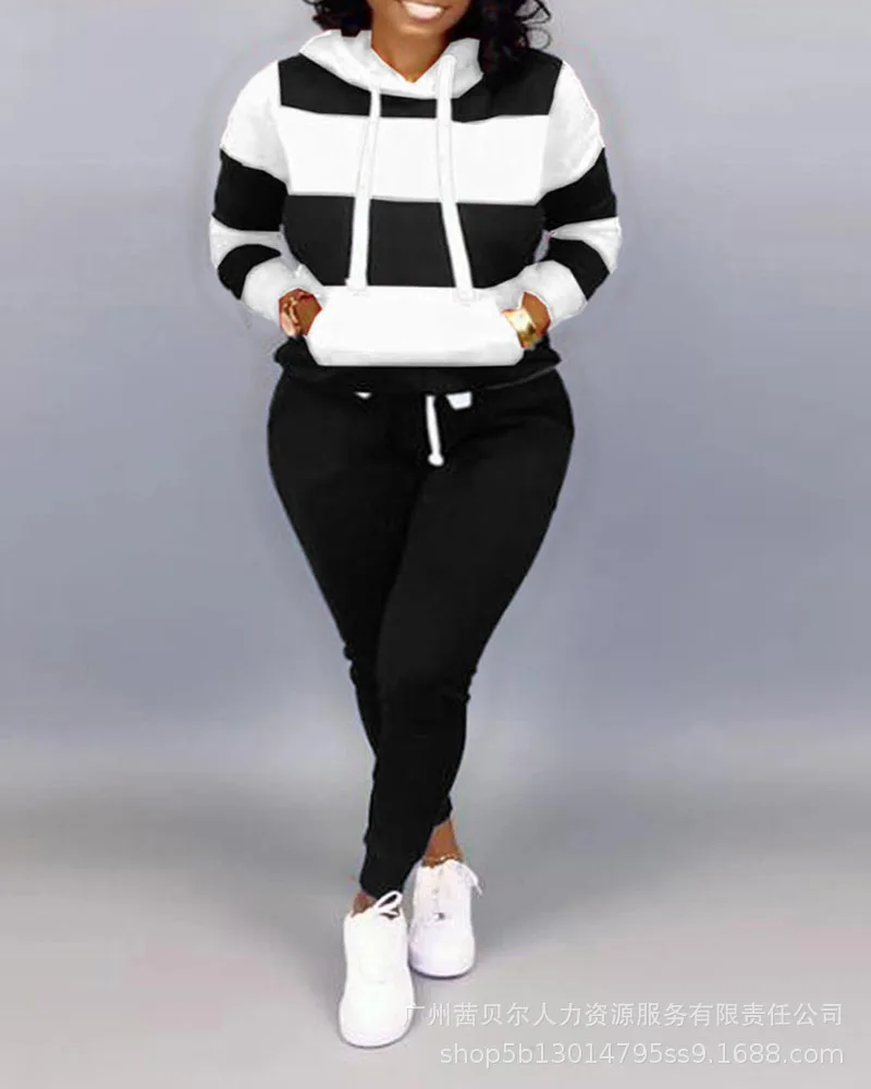 

Женский Повседневный Спортивный костюм, модный свитер с капюшоном и длинными рукавами, костюм на весну и осень с контрастными строчками и брюками с принтом на талии