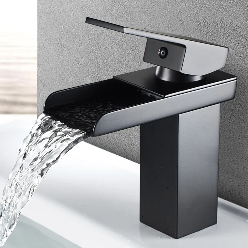 

Black Higher Brass Single Handle Single Hole Fashion Wash Basin Sink Faucet Hot and Cold Waterfall Bathroom Deck-mounted Faucet