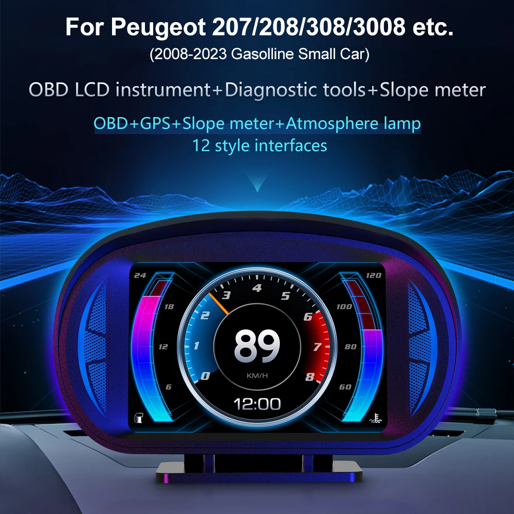 

P2 HUD OBD2 Display Car GPS Speedometer Incliometer Oil Temperature Fuel RPM Gauge for Peugeot 208/308/207 2008-2023 Accessories