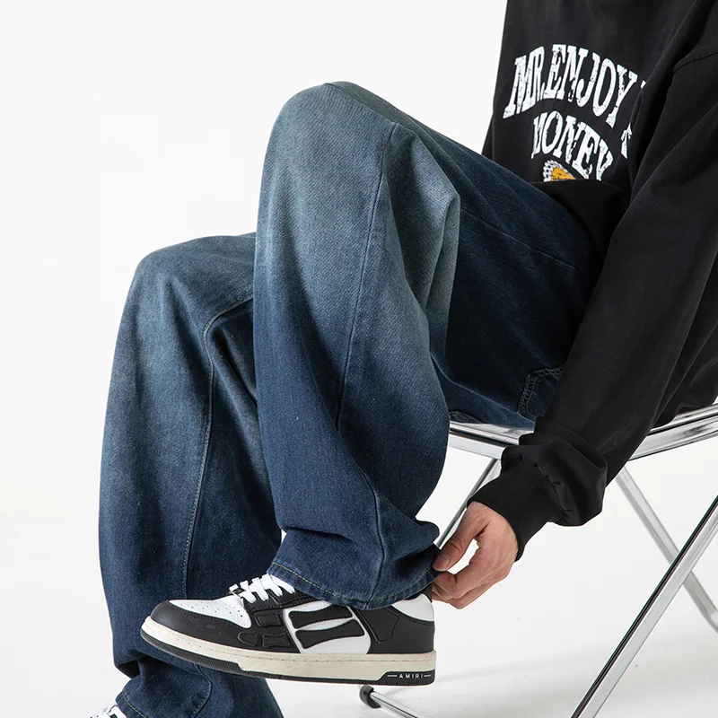 Blue Black Baggy Jeans Men Fashion Retro Gradient Jeans Men Japanese Streetwear Hip-hop Loose Straight Denim Pants Mens Trousers
