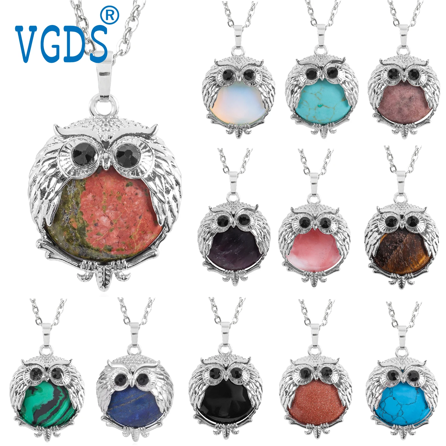 

VGDS 2023 New Popular Adorable Owl Natural Gem Stone Crystal Quartz Amethyst Lapis Pendants Fashion Men Women Necklaces Jewelry