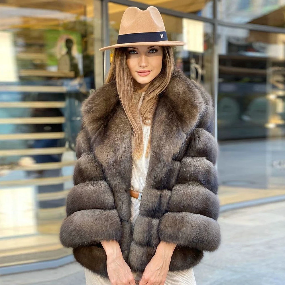 Woman Light Sable Color Natural Fox Fur Jacket Winter New Whole Skin Genuine Fox Fur Coats Mid-length Casual Fur Overcoats