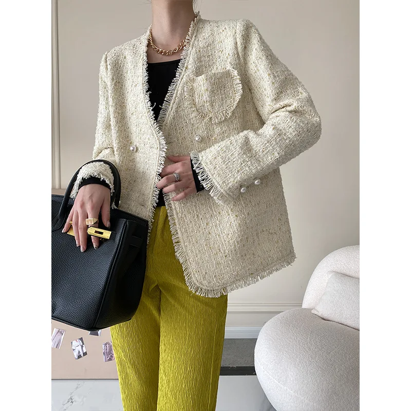 

French Elegant Loose Gold Silk Tweed Fragrant Fragrant Coat Women's Niche Design 2022 Spring and Summer New Tops