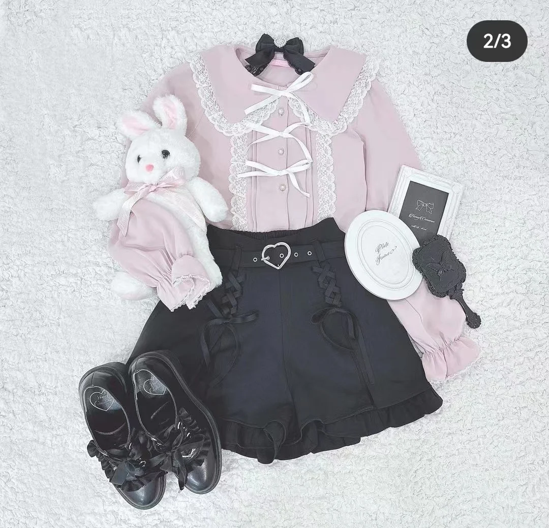 Japanese Original Summer Hc Love Belt Symmetrical Cross Ribbon Lace Shorts Women Kawaii Sweet Lolita Pink Shorts Female Culottes