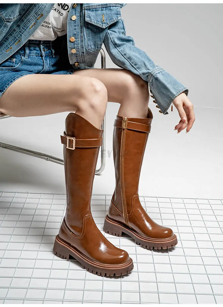 High Heels Thick Platform Long Boots Women 2022 Spring Autumn Pu Leather Motorcycle Botas Woman Back Zipper Thick Heeled Shoes