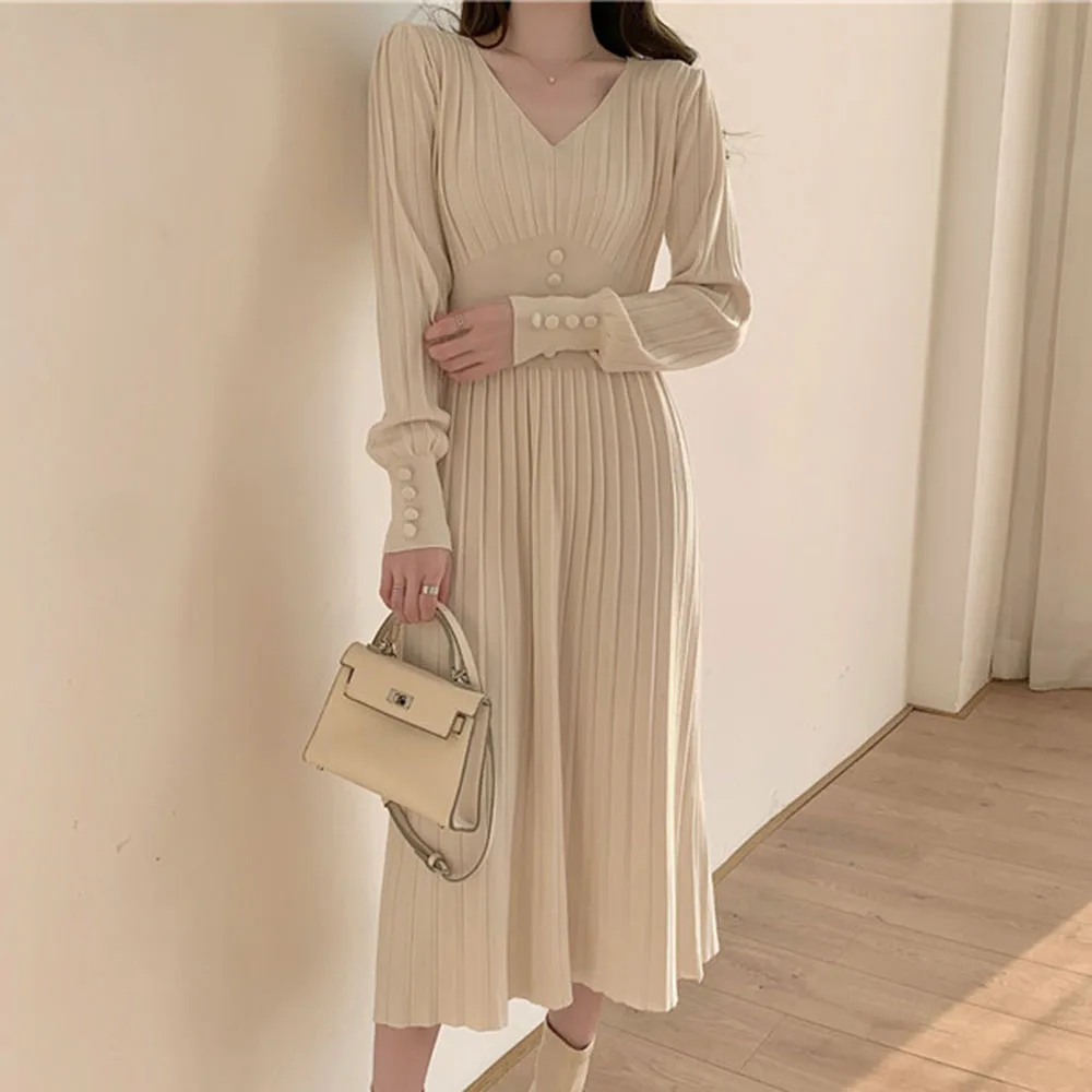 

Fresh Elegant Lady Knits Dress Casual Long Sleeve Solid Color Pleated Pullover Patchwork High Waist V-neck Autumn A-line Dresses