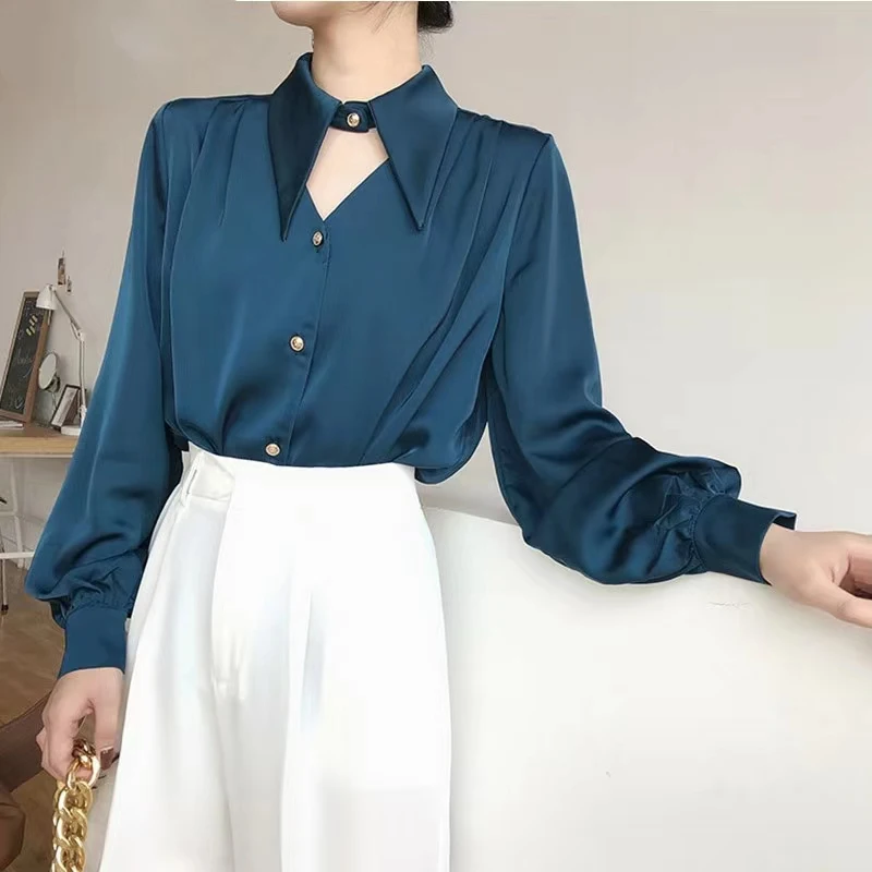 

Women Elegant Office Lady Fashion Long Sleeve Solid Silk Woman Shirt Chic Satin White Blouse Women Shirts Autumn Clothing 23440