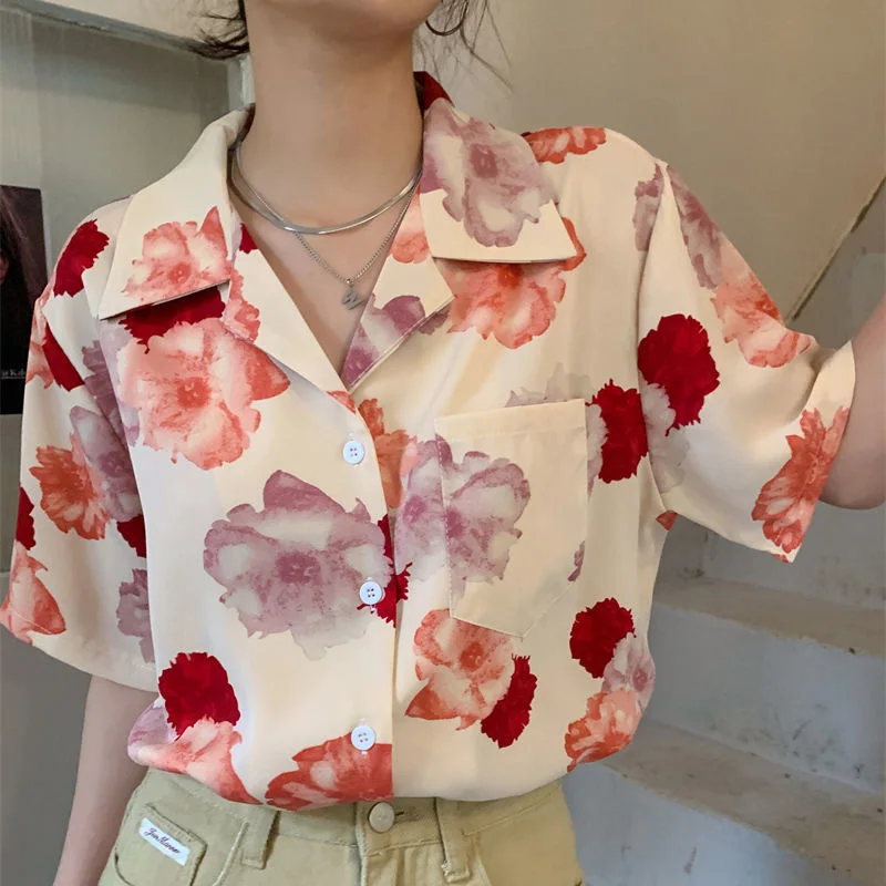 

Rimocy Vintage Print Short Sleeve Shirts for Women 2022 Summer Turn Down Collar Blouse Woman High Street Chiffon Loose T Shirt