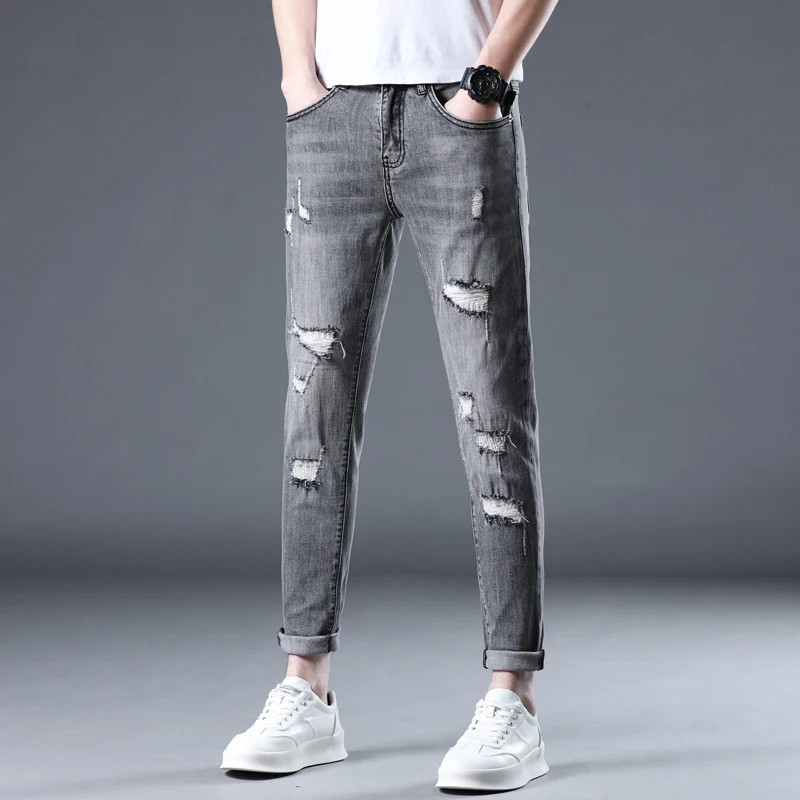 Мужские узкие джинсы в стиле хип-хоп рваные серые эластичные облегающие