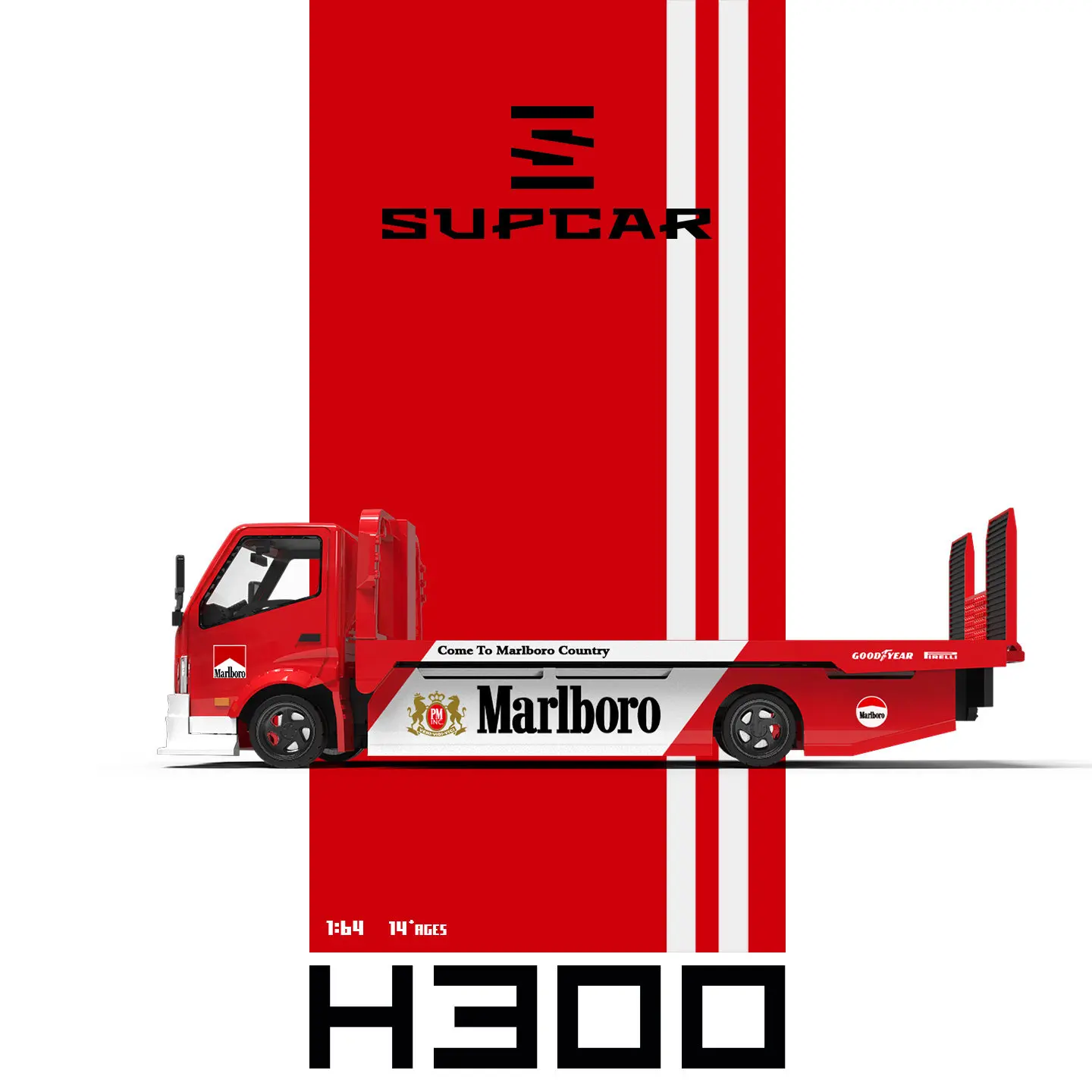 Фото Новая модель грузовика-эвакуатора SUPCAR SC 1:64 Marlboro H300 с платформой-прицепом, коллекционная литая модель из сплава, игрушка №3