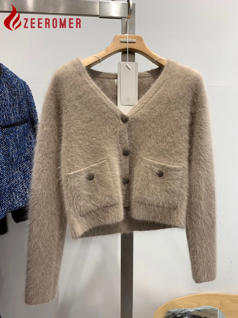 

Осень-зима 2023, модное Норковое женское однобортное пальто с V-образным вырезом и карманами, однотонное плотное теплое короткое трикотажное пальто