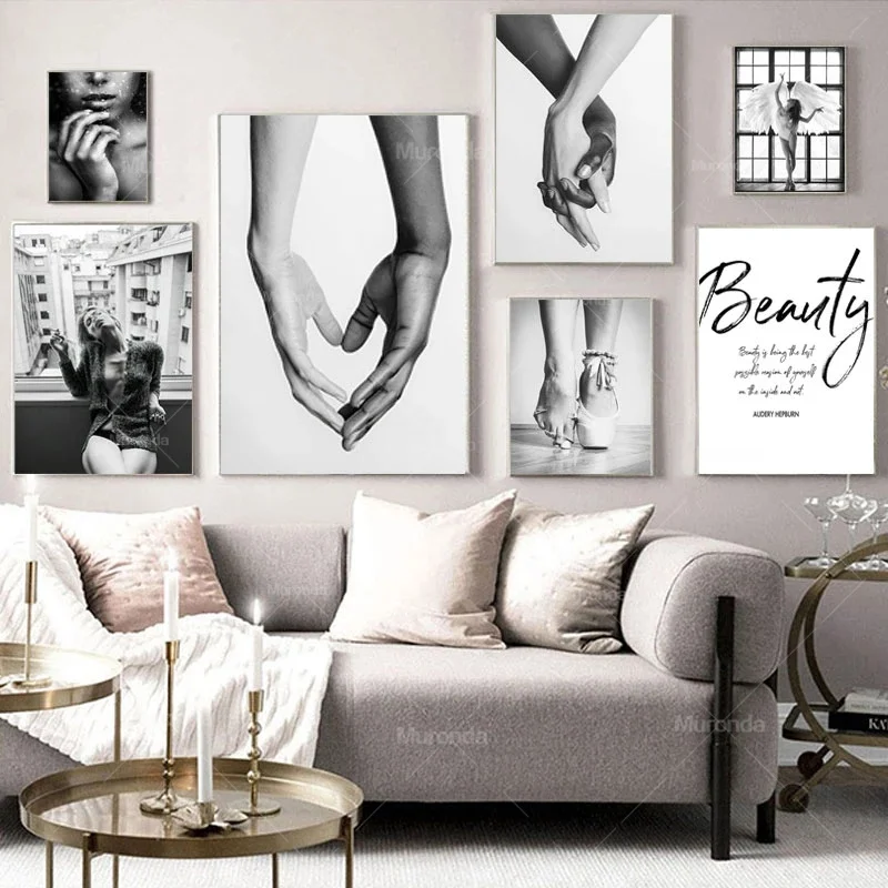 

Black White Fashion Poster Ballet Angel Wings Canvas Print Wall Art Painting Holding Hands Picture Modern Girl Room Decoration