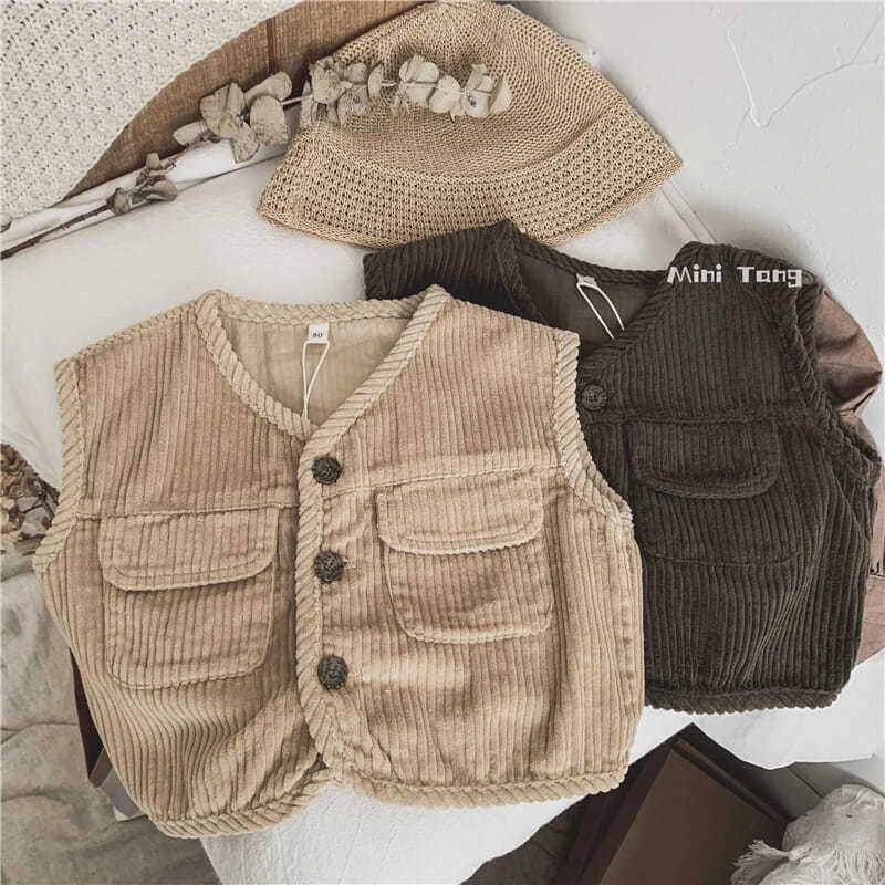 

Kids Baby Sleeveless Tops Jackets Coats Toddler Boys Girls Waistcoat Corduroy Pocket Vest Jacket Children Spring Autumn Outwear