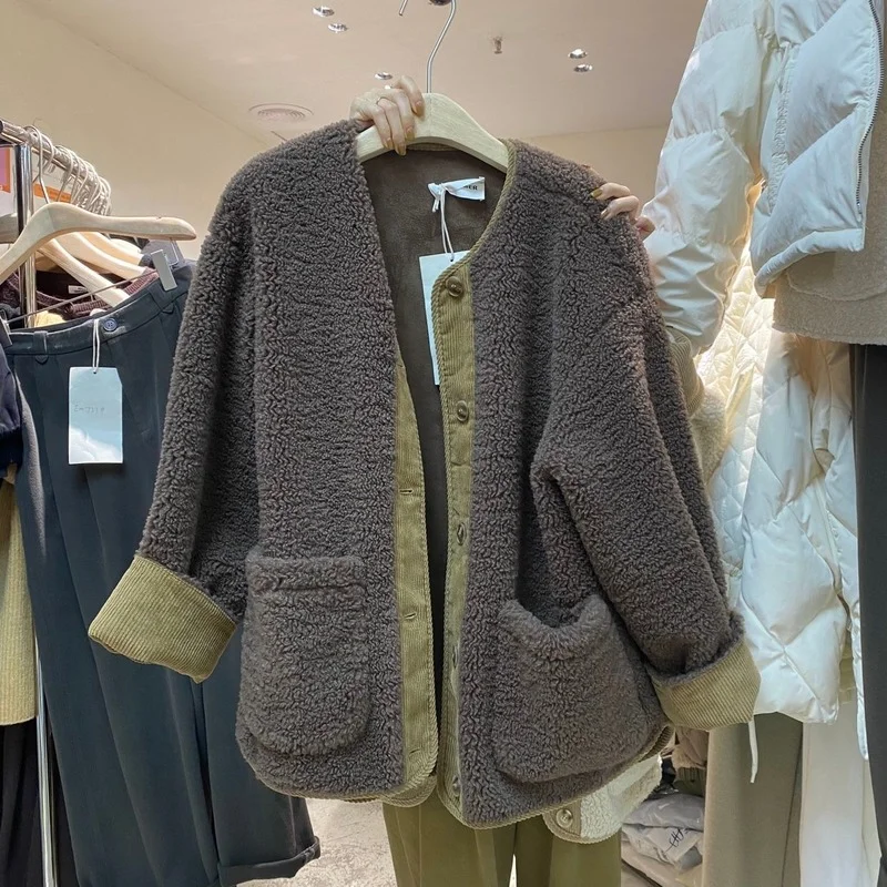 HOUZHOU Vintage 2022 Winter Women Warm Fleece Coat Jackets Lamb Wool Thickened Female Oversized Chic Outwear Aesthetic Fashion