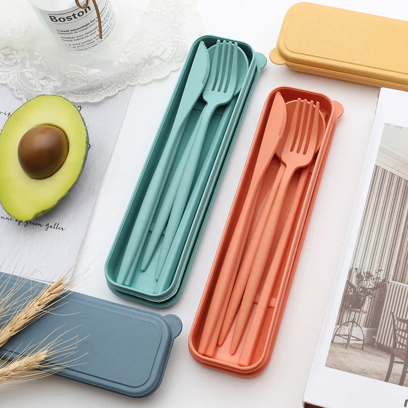 

4PCS/Set Cutlery Tableware Spoon Fork Chopsticks Safe Wheat Straw Dinnerware With Box Travel Use Portable Kitchen Accessories