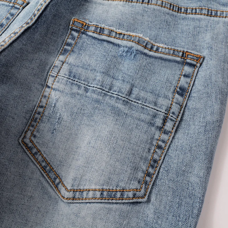 Fashion Patch Designer Men Jeans Retro Light Blue Stretch Slim Ripped Jeans Men Punk Hole Trousers Hip Hop Brand Pants Hombre